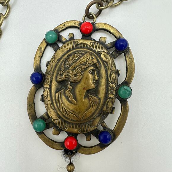 Antique Art Deco 1920s brass multicolor glass cameo tassel pendant necklace - Picture 3 of 10